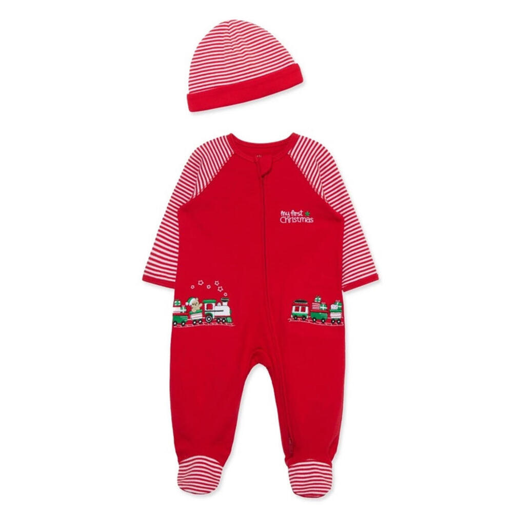 Little Me "My First Christmas" Teddy Bear Train ` Footed Bodysuit Sleeper  3 M